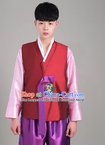 Korean Male Costumes Traditional Wedding Suits Korea Stage Performance Clothing Red Vest Pink Shirt and Purple Pants