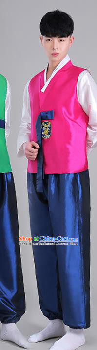 Korean Male Costumes Traditional Wedding Suits Korea Stage Performance Clothing Rosy Vest White Shirt and Navy Pants