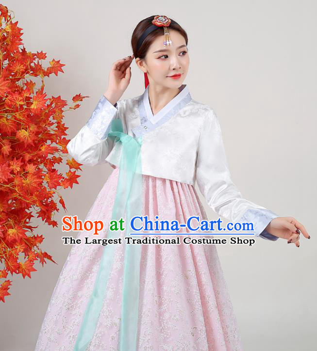 Asian Korea Classical Dance Outfits Korean Traditional Wedding Dress Ancient Bride Garment Costumes Court White Blouse and Pink Dress