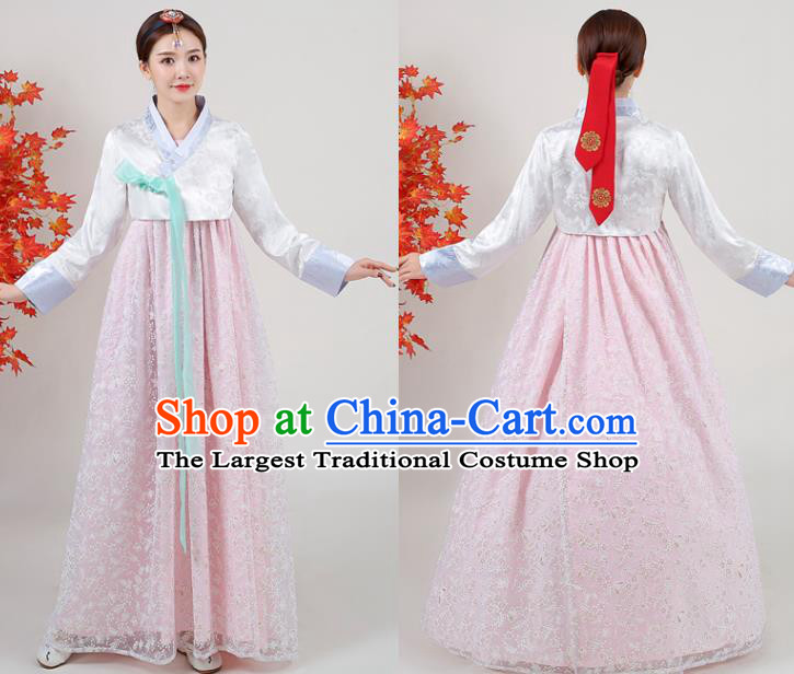 Asian Korea Classical Dance Outfits Korean Traditional Wedding Dress Ancient Bride Garment Costumes Court White Blouse and Pink Dress