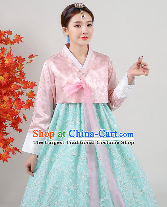 Korean Classical Dance Outfits Traditional Wedding Dress Asian Korea Ancient Bride Garment Costumes Court Pink Blouse and Green Dress