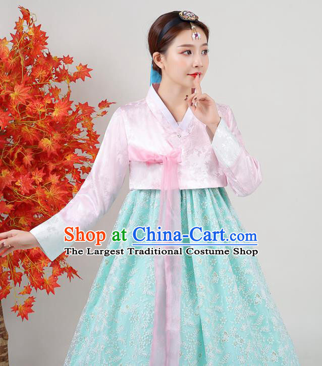 Korean Classical Dance Outfits Traditional Wedding Dress Asian Korea Ancient Bride Garment Costumes Court Pink Blouse and Green Dress