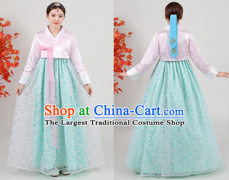 Korean Classical Dance Outfits Traditional Wedding Dress Asian Korea Ancient Bride Garment Costumes Court Pink Blouse and Green Dress