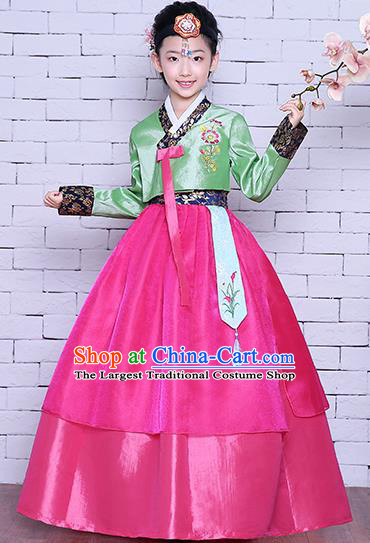 Korea Girl Princess Embroidered Green Blouse and Rosy Dress Korean Children Court Garment Costumes Asian Traditional Hanbok Clothing