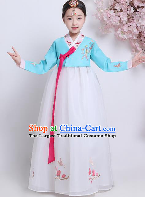 Asian Traditional Girl Hanbok Clothing Korean Court Princess Garment Costumes Korea Children Embroidered Blue Blouse and White Dress