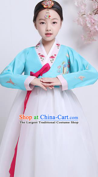Asian Traditional Girl Hanbok Clothing Korean Court Princess Garment Costumes Korea Children Embroidered Blue Blouse and White Dress