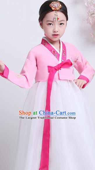Korea Children Embroidered Pink Blouse and White Dress Asian Traditional Girl Hanbok Clothing Korean Court Princess Garment Costumes