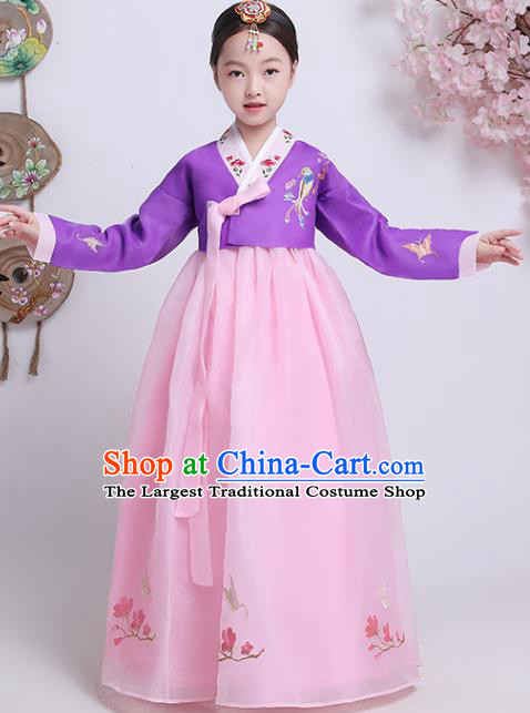 Korean Court Princess Garment Costumes Korea Children Embroidered Purple Blouse and Pink Dress Asian Traditional Girl Hanbok Clothing