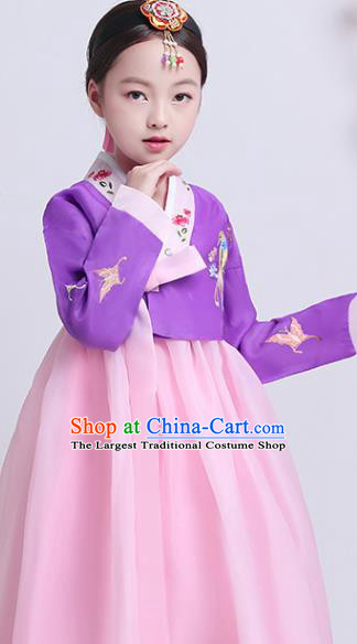 Korean Court Princess Garment Costumes Korea Children Embroidered Purple Blouse and Pink Dress Asian Traditional Girl Hanbok Clothing