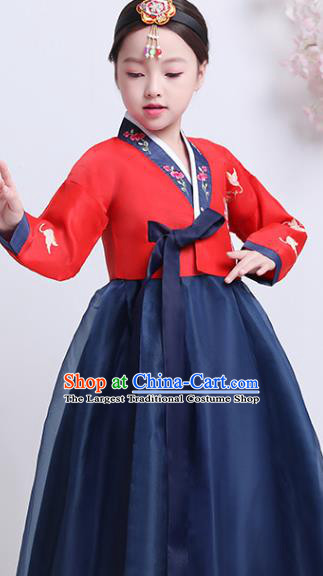Asian Korea Court Princess Garment Costumes Children Embroidered Red Blouse and Navy Dress Korean Traditional Girl Hanbok Clothing