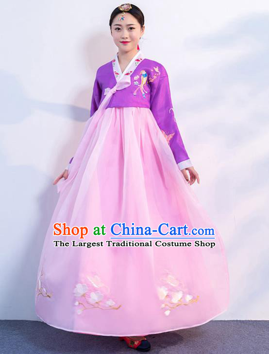 Korean Traditional Hanbok Uniforms Korea Ancient Court Dance Clothing Asian Embroidered Purple Blouse and Pink Dress