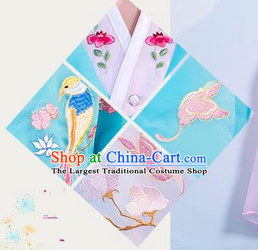 Asian Embroidered Blue Blouse and Pink Dress Korean Traditional Hanbok Uniforms Korea Ancient Court Dance Clothing