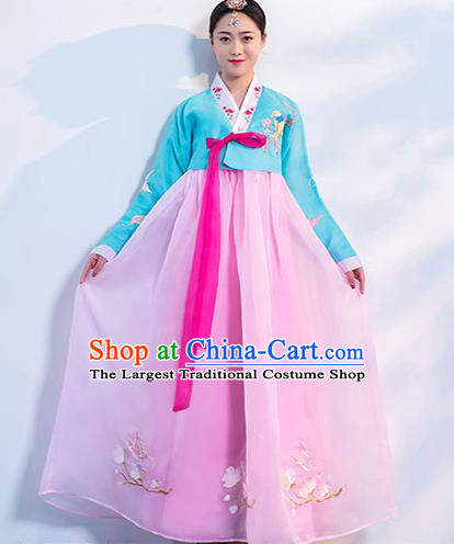 Asian Embroidered Blue Blouse and Pink Dress Korean Traditional Hanbok Uniforms Korea Ancient Court Dance Clothing