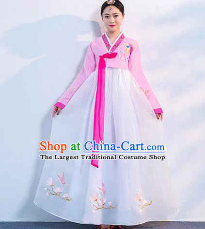 Korea Ancient Court Dance Clothing Asian Embroidered Pink Blouse and White Dress Korean Traditional Hanbok Uniforms
