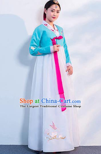 Asian Korean Ancient Court Dance Clothing Embroidered Blue Blouse and White Dress Korea Traditional Hanbok Uniforms