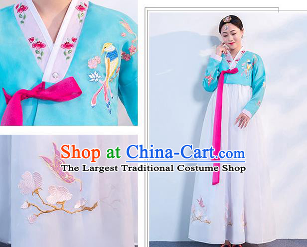 Asian Korean Ancient Court Dance Clothing Embroidered Blue Blouse and White Dress Korea Traditional Hanbok Uniforms