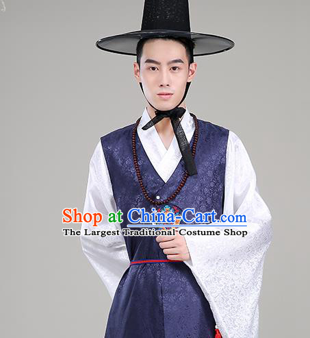 Korean Prince Wedding Costumes Traditional Male Hanbok Suits Korea Court Clothing Navy Long Vest White Shirt and Pants