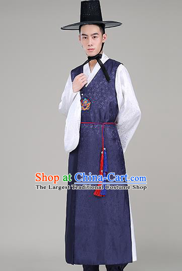 Korean Prince Wedding Costumes Traditional Male Hanbok Suits Korea Court Clothing Navy Long Vest White Shirt and Pants