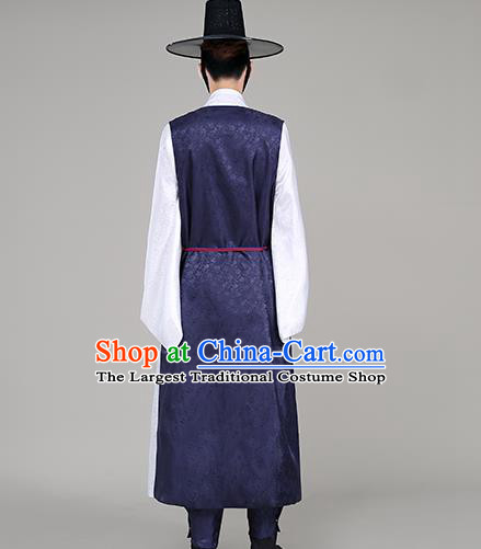 Korean Prince Wedding Costumes Traditional Male Hanbok Suits Korea Court Clothing Navy Long Vest White Shirt and Pants