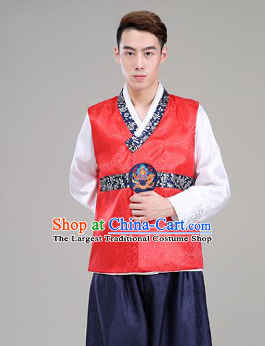 Korea Court Clothing Korean Prince Red Vest White Shirt and Navy Pants Costumes Traditional Male Wedding Hanbok Suits
