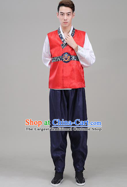 Korea Court Clothing Korean Prince Red Vest White Shirt and Navy Pants Costumes Traditional Male Wedding Hanbok Suits