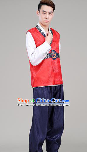 Korea Court Clothing Korean Prince Red Vest White Shirt and Navy Pants Costumes Traditional Male Wedding Hanbok Suits