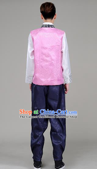 Korea Traditional Male Wedding Hanbok Suits Court Clothing Korean Prince Pink Vest White Shirt and Navy Pants Costumes