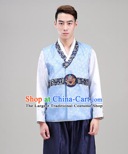 Korea Traditional Costumes Male Wedding Hanbok Suits Court Clothing Korean Prince Blue Vest White Shirt and Navy Pants