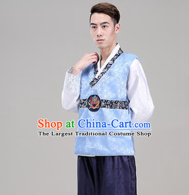Korea Traditional Costumes Male Wedding Hanbok Suits Court Clothing Korean Prince Blue Vest White Shirt and Navy Pants