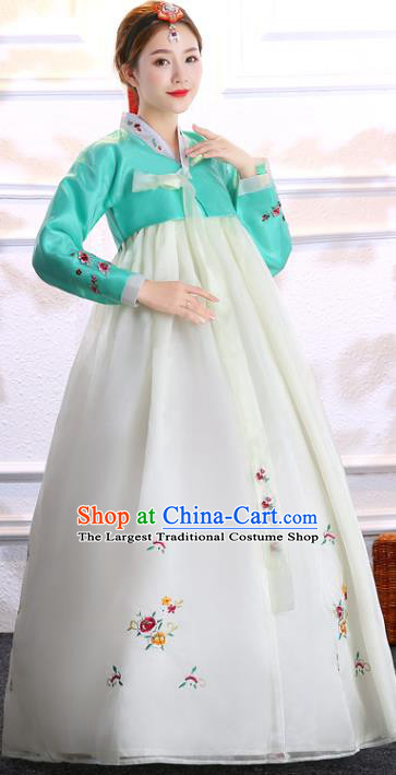 Asian Korean Court Uniforms Korea Ancient Princess Clothing Traditional Hanbok Embroidered Green Blouse and Beige Dress