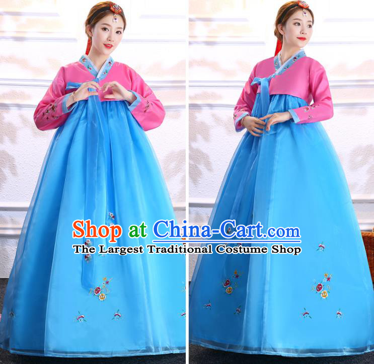 Asian Traditional Hanbok Embroidered Rosy Blouse and Blue Dress Korean Court Uniforms Korea Ancient Princess Clothing