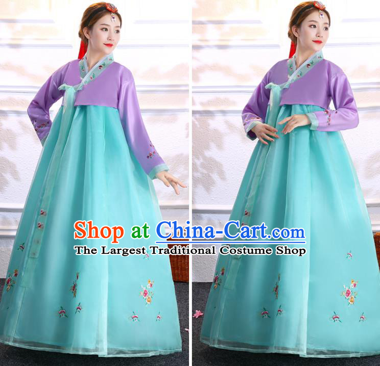 Korean Court Wedding Uniforms Korea Ancient Bride Clothing Asian Traditional Hanbok Embroidered Purple Blouse and Blue Dress