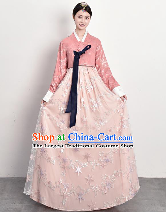 Traditional Asian Palace Princess Pink Blouse and Dress Outfits Korean Court Dress Ancient Korea Female Garment Costumes