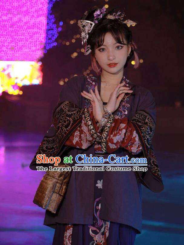 China Traditional Song Dynasty Miao Territory Princess Historical Clothing Ancient Young Beauty Purple Hanfu Dress Garments
