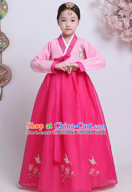 Asian Korea Traditional Girl Hanbok Clothing Korean Court Princess Garment Costumes Children Embroidered Pink Blouse and Rosy Dress