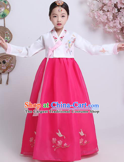 Asian Korea Children Embroidered White Blouse and Rosy Dress Traditional Girl Hanbok Clothing Korean Court Princess Garment Costumes