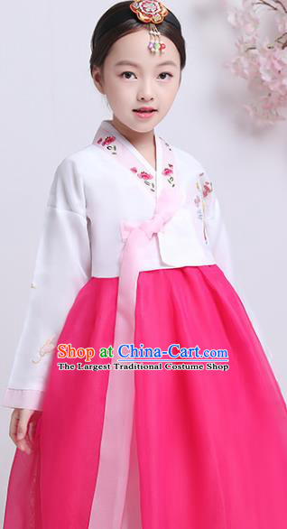 Asian Korea Children Embroidered White Blouse and Rosy Dress Traditional Girl Hanbok Clothing Korean Court Princess Garment Costumes