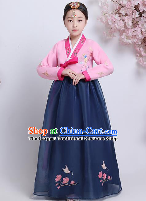 Korean Traditional Hanbok Clothing Asian Court Princess Garment Costumes Korea Girl Embroidered Pink Blouse and Navy Dress
