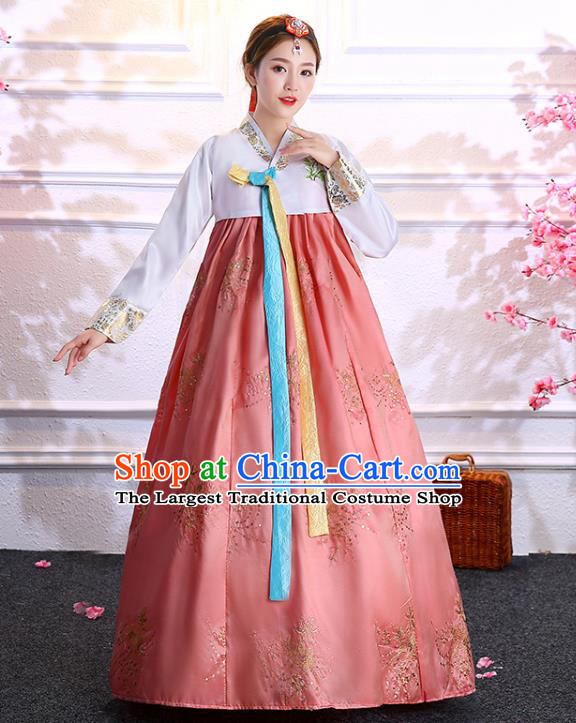 Korea Wedding Clothing Asian Classical Dance Embroidered White Blouse and Pink Dress Traditional Hanbok Korean Court Bride Fashion Garments