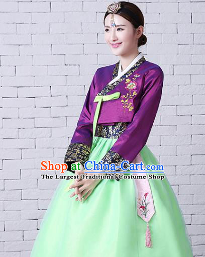 Asian Classical Embroidered Purple Blouse and Green Dress Korean Court Hanbok Traditional Bride Fashion Garments Korea Wedding Clothing