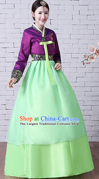 Asian Classical Embroidered Purple Blouse and Green Dress Korean Court Hanbok Traditional Bride Fashion Garments Korea Wedding Clothing