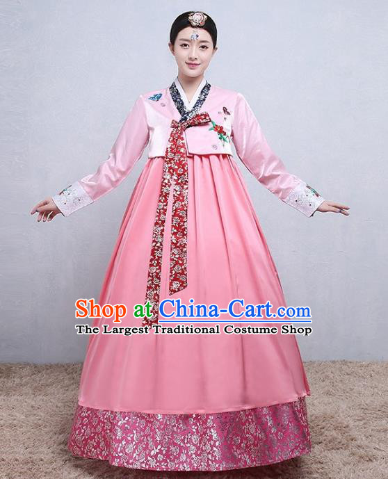 Korea Court Tangyi Hanbok Korean Traditional Bride Fashion Garments Wedding Clothing Classical Dance Pink Blouse and Dress