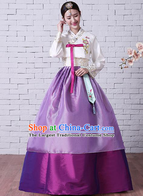 Korean Classical Embroidered White Blouse and Purple Dress Court Hanbok Asian Traditional Bride Fashion Garments Korea Wedding Clothing