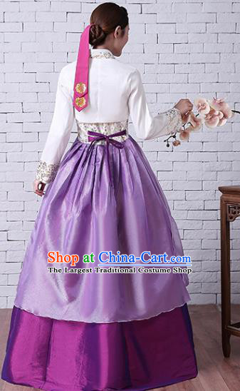 Korean Classical Embroidered White Blouse and Purple Dress Court Hanbok Asian Traditional Bride Fashion Garments Korea Wedding Clothing