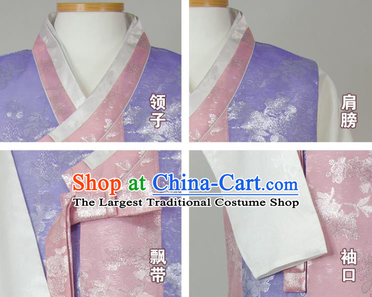 Korea Young Male Hanbok Lilac Vest White Shirt and Navy Pants Korean Traditional Costumes Classical Wedding Bridegroom Clothing