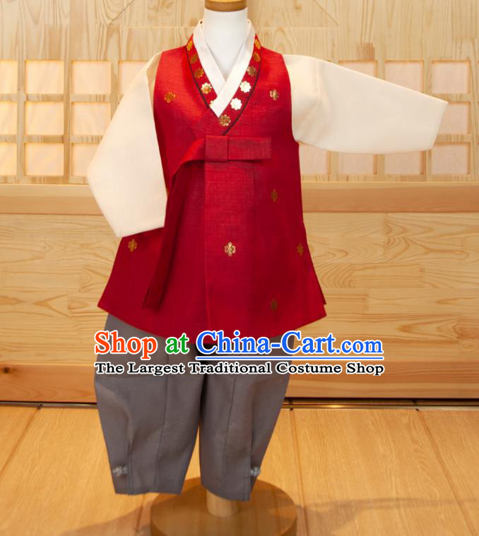 Korea Children Garment Costumes Boys Birthday Hanbok Korean Traditional Fashion Clothing Red Vest White Shirt and Grey Pants