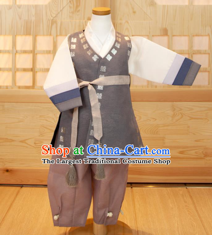 Korean Boys Prince Birthday Hanbok Traditional Fashion Clothing Grey Vest White Shirt and Brown Pants Korea Children Garment Costumes