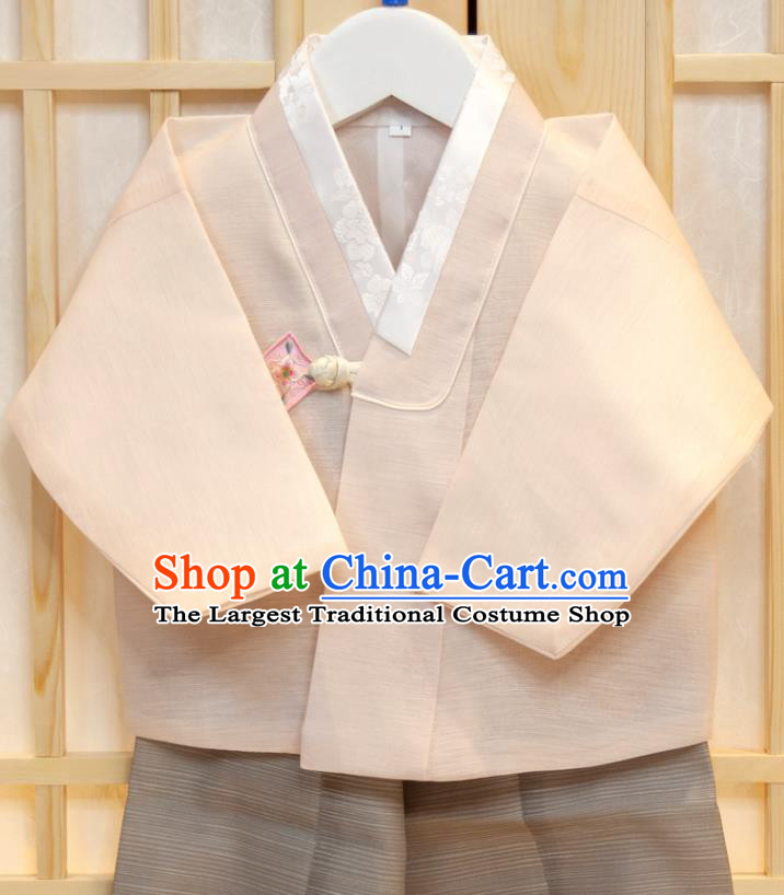 Korea Children Garment Costumes Korean Boys Prince Birthday Hanbok Traditional Fashion Clothing Orange Vest Beige Shirt and Grey Pants