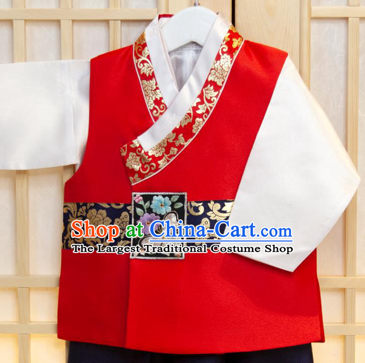 Korean Boys Prince Birthday Hanbok Costumes Traditional Fashion Clothing Korea Children Garment Red Vest White Shirt and Navy Pants
