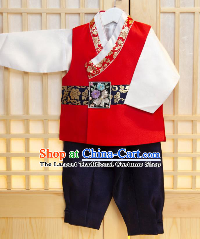 Korean Boys Prince Birthday Hanbok Costumes Traditional Fashion Clothing Korea Children Garment Red Vest White Shirt and Navy Pants